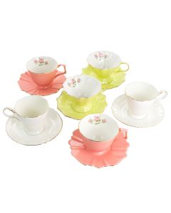 Meritage Montague 12 Piece Fine Ceramic Scalloped Cups with Saucers in 3 Assorted Designs
