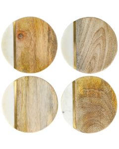Laurie Gates White Marble and Mango Wood Round 4 Piece Coaster Set