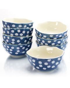Life On The Farm 8 Piece 4.75 Inch Octagon Shaped Durastone Fruit Bowls in Blue/White