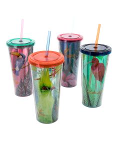 Gibson Home Tropical Bird 4 Piece 23.6 Ounce Double Wall Tumbler Set with Straw in Assorted Designs