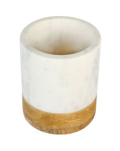 Laurie Gates California Designs 6.5 Inch White Marble and Mango Wood Utensil Crock