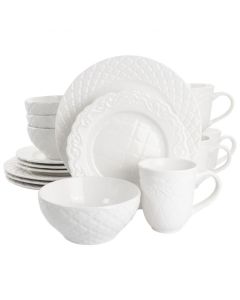 Gibson Home Quilted Eyelet 16 Piece Round Fine Ceramic Dinnerware Set in White