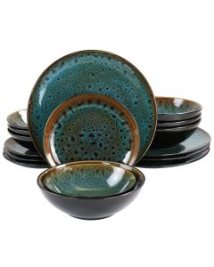 Gibson Elite Kyoto Teal Double Bowl 16 Piece Stoneware Dinnerware Set in Teal and Brown