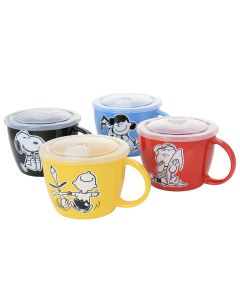 Gibson Peanuts 70th Anniversary 4 Piece Stoneware 23.5oz Soup Bowl Set with Vented Lids in Assorted Colors