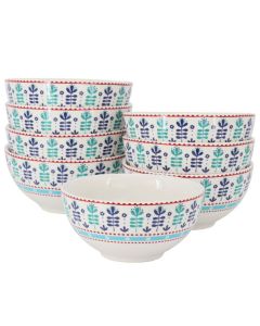 Gibson Home Village Vines Floral 8 Piece 6 Inch Fine Ceramic Bowl Set in White and Multi Blue