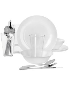Gibson Ultra Angel Silk 24 Piece Opal Glass Dinnerware and Flatware Combo Set in White
