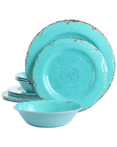 Laurie Gates Mauna 12 Piece Round Melamine Dinneware Set in Tiffany Blue