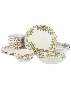 Gibson Home Festive Berries 12 Piece Double Bowl Fine Ceramic Dinnerware Set in White