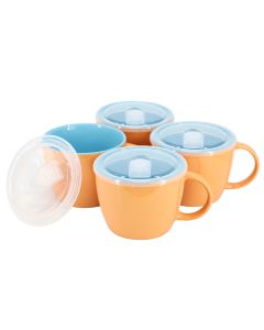 Gibson Home On The Go 4 Piece 25 Ounce Stoneware Soup Cup Set with Lid in Peach