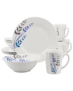 Gibson Home Blue Leaves 12 Piece Round Fine Ceramic Decorated Dinnerware Set in White