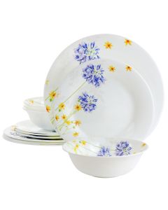 Gibson Ultra Violet Floral 12 Piece Tempered Opal Glass Dinnerware Set