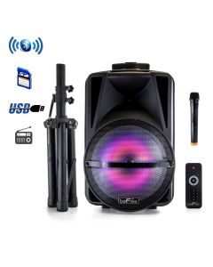 beFree Sound 12 Inch PA Bluetooth Rechargeable Portable Party Speaker with Reactive LED Lights and Stand