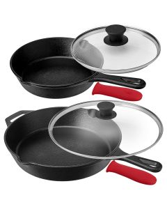 MegaChef Pre-Seasoned 6 Piece Cast Iron Skillet Set with Lids and Red Silicone Holders